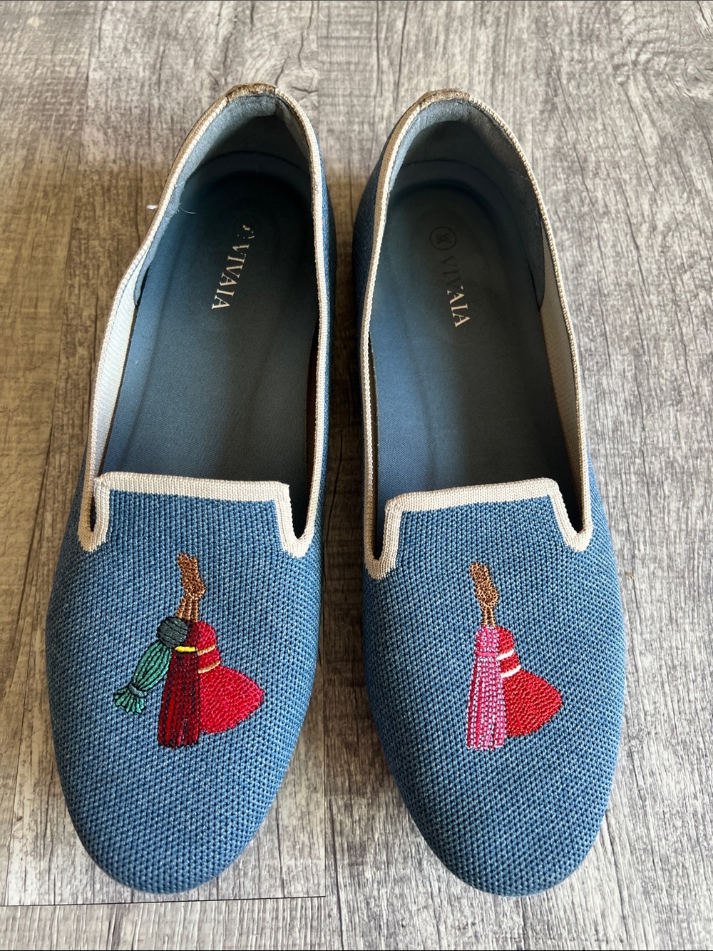 VIVAIA Audrey Denim Blue Embroidered Tassel Loafers Women's US 10 / EU 41.5